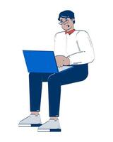 Remote office worker using laptop 2D doodle character. call. Middle eastern professional man typing notebook cartoon person drawing isolated on white. Hand drawn illustration colorful vector