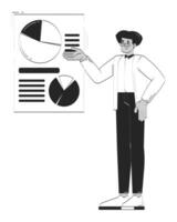 Hispanic male employee presenting pie charts and data visualization doodle linear character. Professional analyst 2D outline person isolated. Hand drawn drawing illustration monochrome vector