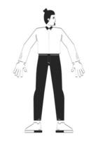 Business casual caucasian man standing with open arms doodle linear character. Office worker with top knot in readiness 2D outline person isolated. Hand drawn drawing illustration monochrome vector