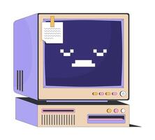 Retro computer with sad pixel face and sticky note 2D cartoon object. Outdated tech. 90s aesthetic. Vintage oldschool desktop isolated element flat clip art on white. Spot illustration vector