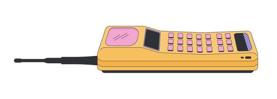 Retro brick mobile phone 2D cartoon object. Nostalgic tech. Portable communication device 90s. Vintage cellphone with antenna isolated element flat clip art on white. Spot illustration vector