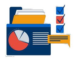 Business dashboard with charts, files and checklist 2D doodle object. Piechart, text lines, check boxes cartoon element flat clipart isolated on white background. Hand drawn illustration vector