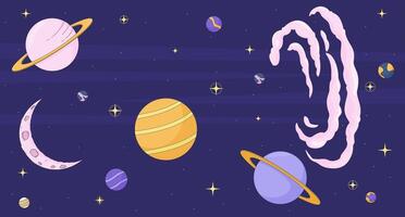 Surreal space with nebula and fantasy planets flat illustration background. Crescent moon, nebulae, fantasy sci-fi. Night universe cosmos stars 2D cartoon backdrop. Colorful scene art image vector