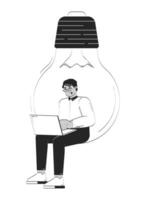 Professional man working on startup idea doodle line illustration concept. Innovation job. Creative entrepreneur in giant lightbulb 2D outline character isolated. Hand drawn ink metaphor monochrome vector