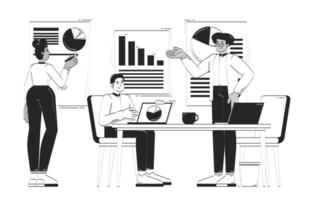 Diverse team analyzing business charts in office doodle lineart illustration. Collaborative strategy. Analysts brainstorm 2D line ink characters isolated on white. Monochrome outline hand-drawn vector