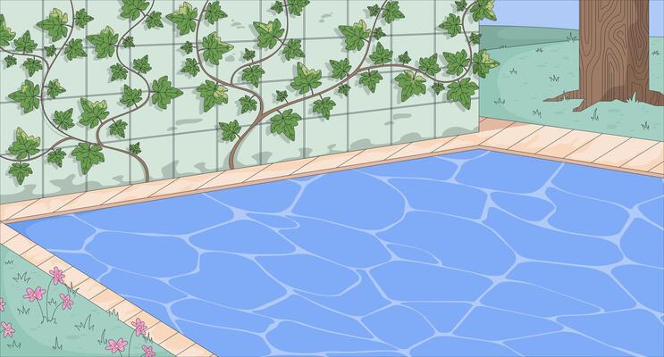 Lo-fi garden pond with tiled ivy wall flat illustration background. Clear blue water, calming peaceful vines leaves. Grassy lawn, tree trunk 2D cartoon backdrop. Colorful scene art image
