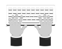 Typing hands on keyboard doodle outline illustration. Digital work. Data entry. Online communication. Keys input top view 2D drawing sketch isolated on white. Monochrome clip-art handdrawn vector