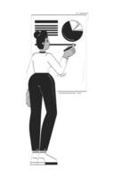Black woman analyzing pie chart on presentation board doodle linear character. Female analyst pen drawing data report 2D outline person isolated. Hand drawn drawing illustration monochrome vector