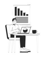 Korean male office worker analyzing charts on laptop at desk doodle linear character. Corporate analyst with analytics 2D outline person isolated. Hand drawn drawing illustration monochrome vector