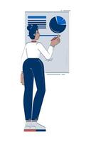 Black woman analyzing pie chart on presentation board 2D doodle character. Female analyst pen drawing data report cartoon person drawing isolated on white. Hand drawn illustration colorful vector