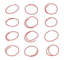 Red circle pen draw set. Highlight circle isolated on white background. illustration vector
