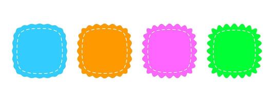 Set or colorful square patches with wiggly borders and stitch lines. Tags, labels, or coupons boxes or stickers with wavy edges isolated on white background. flat illustration vector