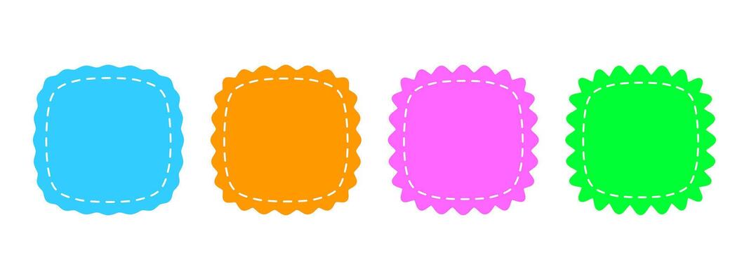 Set or colorful square patches with wiggly borders and stitch lines. Tags, labels, or coupons boxes or stickers with wavy edges isolated on white background. flat illustration
