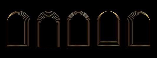 Set of gold concentric arch frames isolated on dark background. Golden arc shapes in trendy bohemian style. Shining window, door or portal silhouettes in archway form. illustration vector