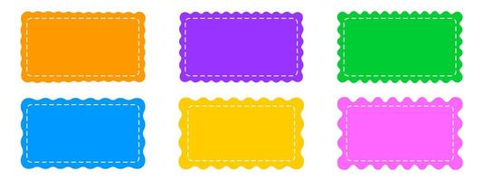Set or colorful rectangle patches with scalloped borders and stitch lines. Tags, labels, or coupons rectangular boxes with curvy edges isolated on white background. flat illustration vector