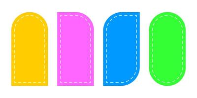 Set of colorful arch, semiarch, leaf and double arc patches with stitch lines. Templates for labels, tags or text boxes invitation in archway spahes isolated on white background. illustration vector