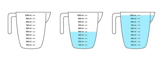 Empty and water filled measuring cups with 1 liter volume. Liquid containers for cooking with fluid capacity scale isolated on white background. flat illustration vector