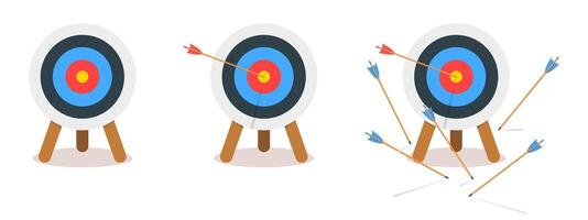 Set of archery dart boards with arrows hitting or missing bullseye. Target rings on tripods isolated on white background. Attempt in sports game or business. cartoon illustration vector