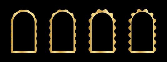 Set of golden arch frames with wavy edges. Gold archway shapes with scallop borders. Vignettes or mirrors, portals or doors, empty boxes isolated on dark background. realistic illustration vector