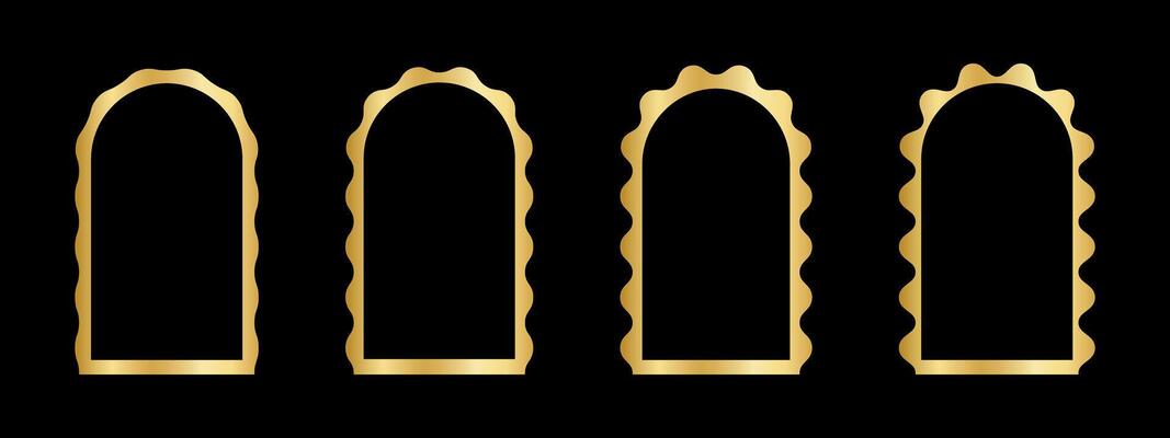 Set of golden arch frames with wavy edges. Gold archway shapes with scallop borders. Vignettes or mirrors, portals or doors, empty boxes isolated on dark background. realistic illustration