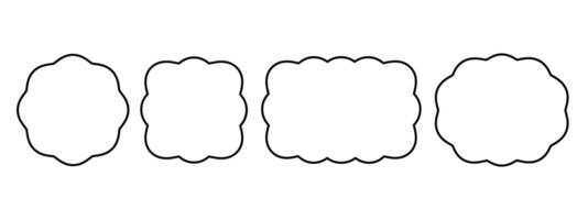 Set of circle, square, oval and rectangle frames with wavy edges. Geometric shapes with scallop borders. Blank text boxes, tags or labels isolated on white background. outline illustration vector