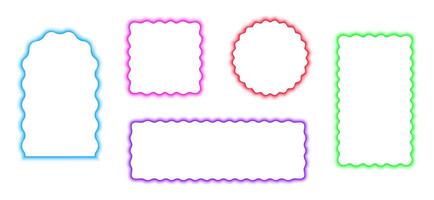 Set of colorful arch, square, circle and rectangle frames with wavy edges. Geometric shapes with wavy borders in blurry neon aura effect isolated on white background. illustration vector