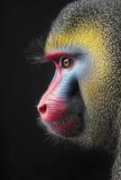 A close up of a monkey's face with a red nose photo