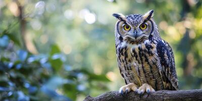 An owl is sitting on a branch with its eyes wide open photo