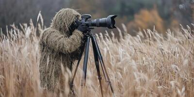 A man in a camouflage suit is taking a photo in a field