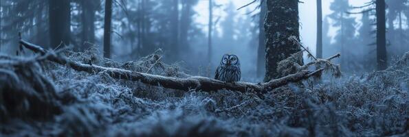 An owl sits on a branch in the middle of a forest photo