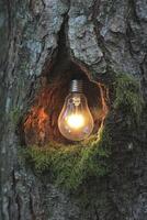 A light bulb is shining through a hole in a tree photo
