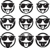 Cool Face Emoji Set with Sunglasses and Tongue Out in Flat Silhouette Design vector