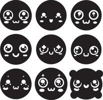 Kawaii Face Emoji Set with Round Eyes and Small Cheeks in Silhouette Design vector