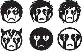 Gothic Face Emoji Set with Broken Hearts in Flat Silhouette Design vector