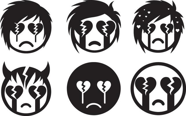 Gothic Face Emoji Set with Broken Hearts in Flat Silhouette Design