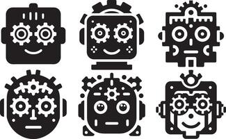 Robot Face Emoji Set with Gear Eyes and Square Heads in Flat Silhouette Design vector