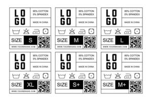 Modern Clothing Tag Template with QR Code, Fabric Info, Care Icons and Size Variants. Printable Fashion Label Design vector