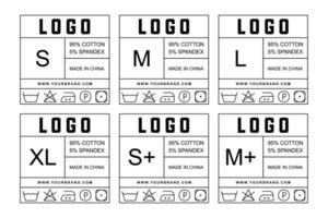 Modern Apparel Label Tag Template Set with Size Variants and Washing Instructions. Printable and Editable for Fashion Branding vector