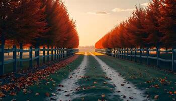 dirt road between fields in autumn lined with maple trees whose leaf are yellow and fall to the ground photo