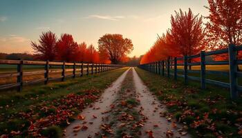 a dirt road between field in autumn lined with maple trees whose leaves are yellow and falling to the ground in sunset photo