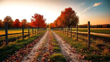 a dirt roads between field in autumn lined with maple tree whose leaves are yellow and falling to the ground in sunset photo
