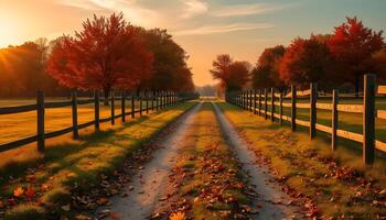 a dirt roads between fields in autumn lined with maple trees whose leaves are yellow and falling to the ground in sunset photo
