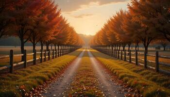 dirt roads between fields in autumn lined with maple trees whose leaves are yellow and falling to the ground photo