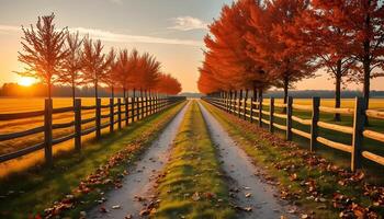 dirt road between fields in autumn lined with maple trees whose leaves are yellow and fall to the ground photo