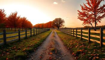 dirt road between field in autumn lined with maple trees whose leaves are yellow and falling to the ground in sunset photo