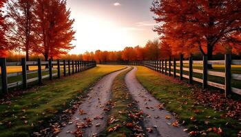a dirt roads between field in autumn lined with maple trees whose leaves are yellow and falling to the ground in sunset photo