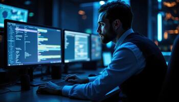 focused man works on multiple computer screens in dark office, coding and analyzing data photo