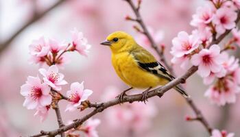 vibrant yellow bird perched on branch surrounded by pink cherry blossoms, creating serene and beautiful spring scene photo