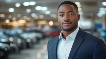 African American car salesman in business suit standing with arms crossed smiling against background of new cars. Concept of selling, renting or insuring new cars. photo