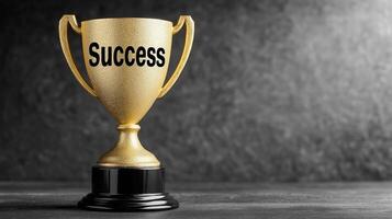 Trophy with Success engraved on a plaque, symbolizing achievement and victory. Positioned prominently on a dark surface, highlighting the concept of accomplishment. photo